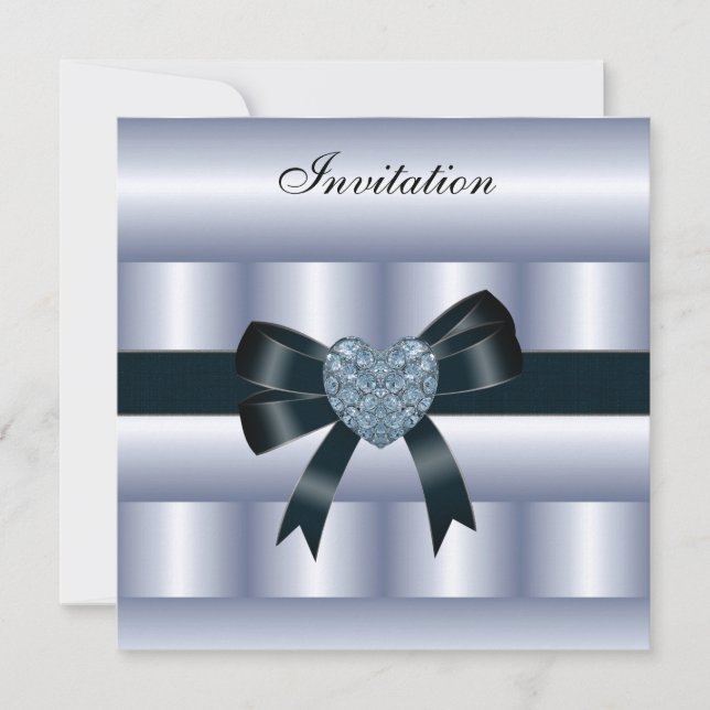 Invitation Silk Blue Silver Black Diamond Heart (Front)
