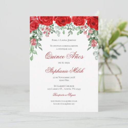 Invitation Spanish Quinceanera red floral invite