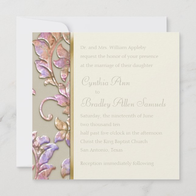 Invitation Square Champagne Embossed Look Damask (Back)