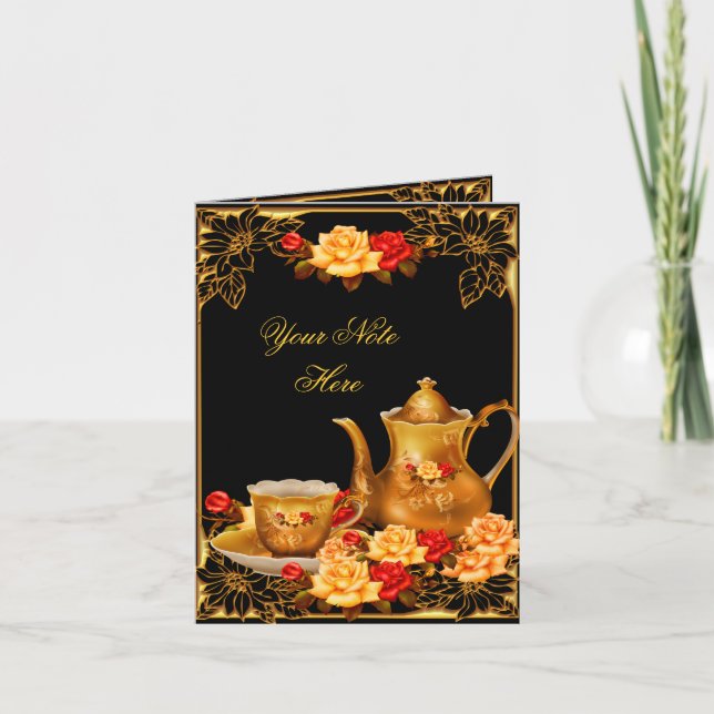 Invitation Thank You Card Elegant Black Gold Roses (Front)