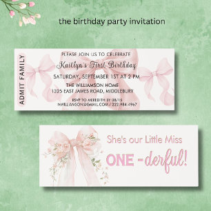 INVITATION TICKET Pink Bows Girl First Birthday