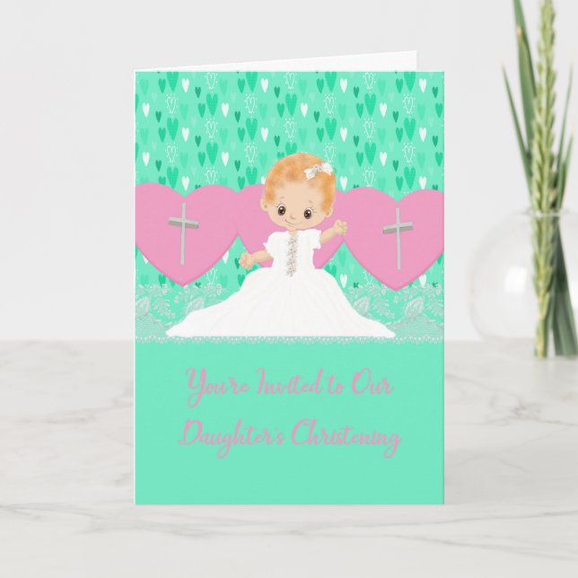 Invitation to Babies Christening Pink & Green (Front)