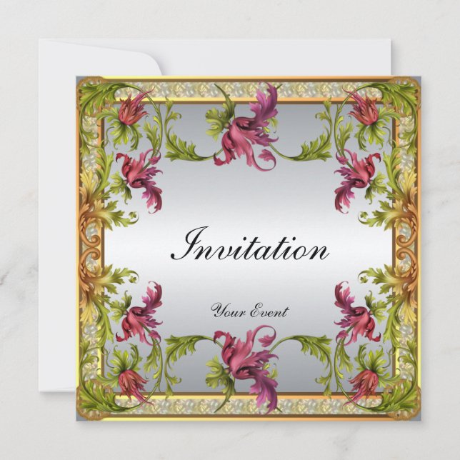 Invitation Vintage Silver Victorian Floral Frame (Front)