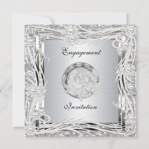 Invitation Wedding Engagement Silver Floral Frame