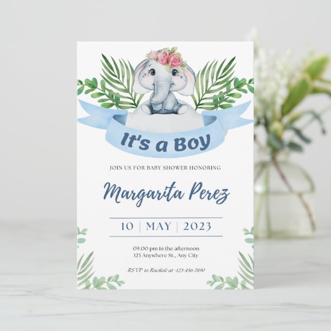 Invitation Welcome Baby Boy Elephant Illustration (Standing Front)