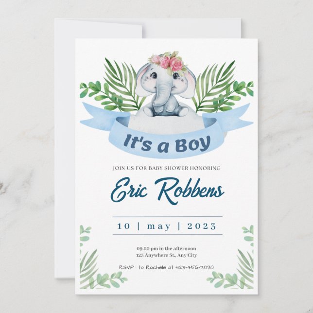 Invitation Welcome Baby Boy Shower Elephant (Front)