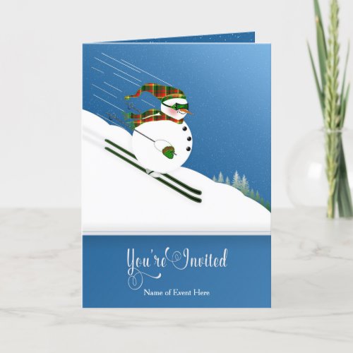 Invitation Winter Event Happy Snowman Skiing Card