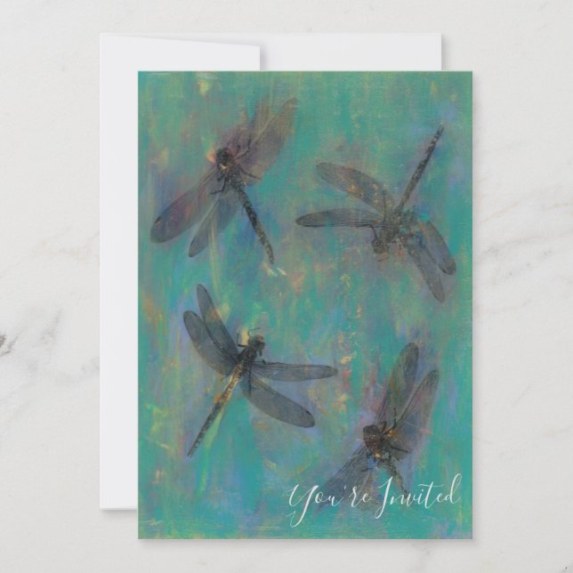 Invitation With Dragonflies In Blue & Green (Front)