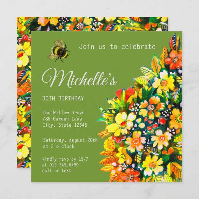Invitation with happy flowers and bee (Front/Back)