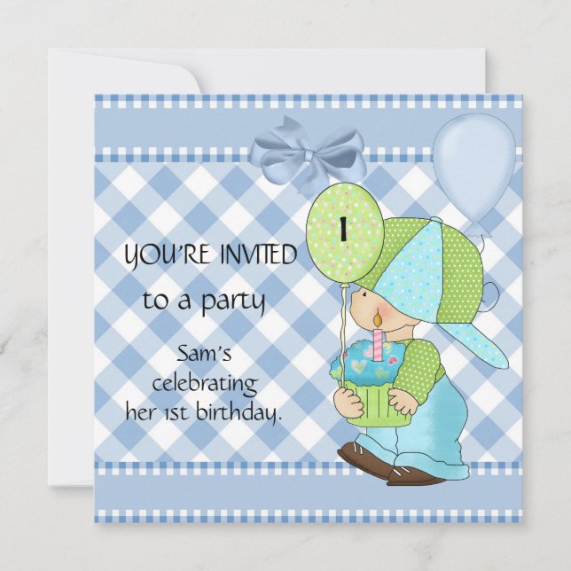Invitations Boys 1st Birthday Blue White Gingham (Front)