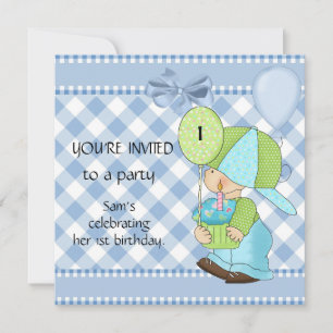 Invitations Boys 1st Birthday Blue White Gingham