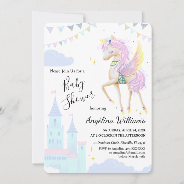 Invitations flat Baby shower cards with unicorn. (Front)