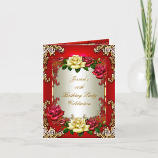 Invite 50th Birthday Party Red Gold Rose Cream