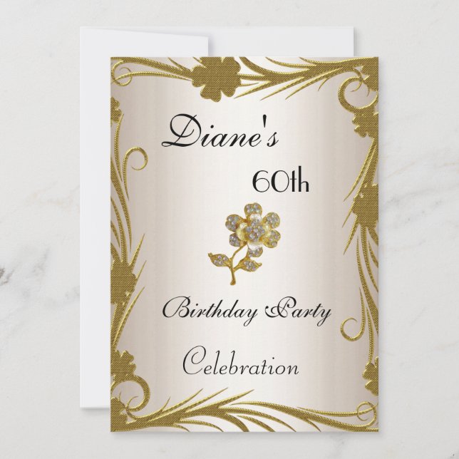 Invite 60th Birthday Party Gold on Cream Floral (Front)
