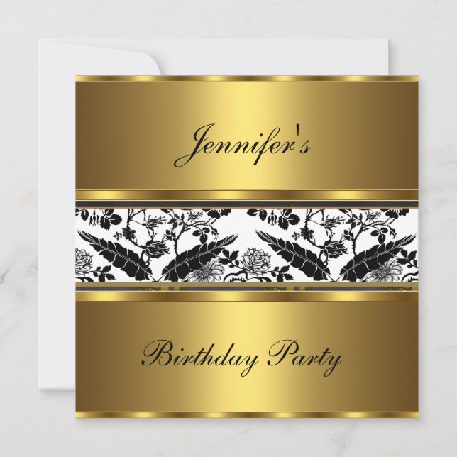 Invite Birthday Party Floral Gold Black White 3 (Front)