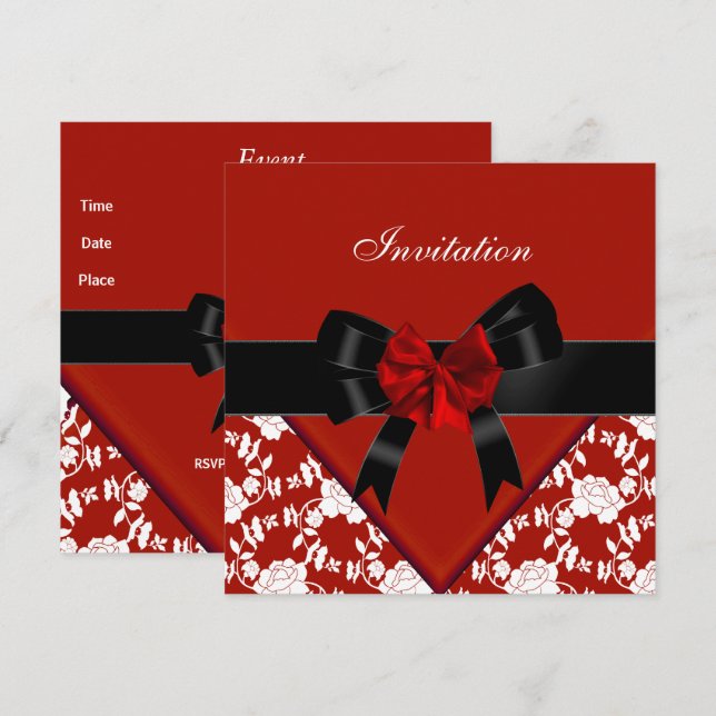 Invite Elegant Classy Red Black White Floral Bow (Front/Back)