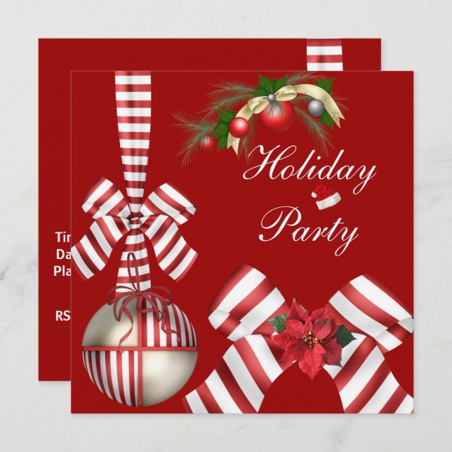 Invite Holiday Party Red White Candy Stripe Bow 4 (Front/Back)