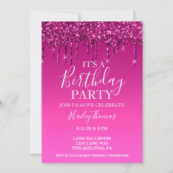 Invite - Hot Pink Glitter Drip Birthday by Evented at Zazzle