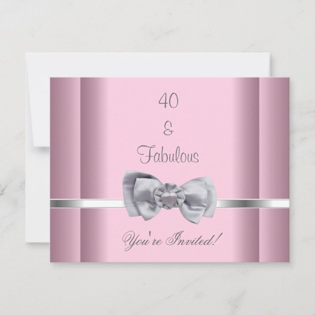 Invite Party Silver Bow Image Fabulous 40th Pink (Front)