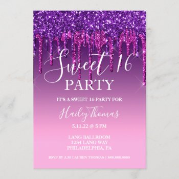 Invite - Purple & Pink Glitter Drip Sweet Sixteen by Evented at Zazzle