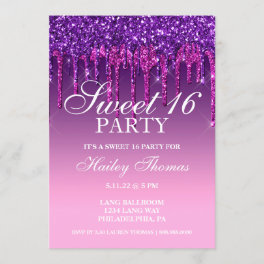 Invite - Purple & Pink Glitter Drip Sweet Sixteen