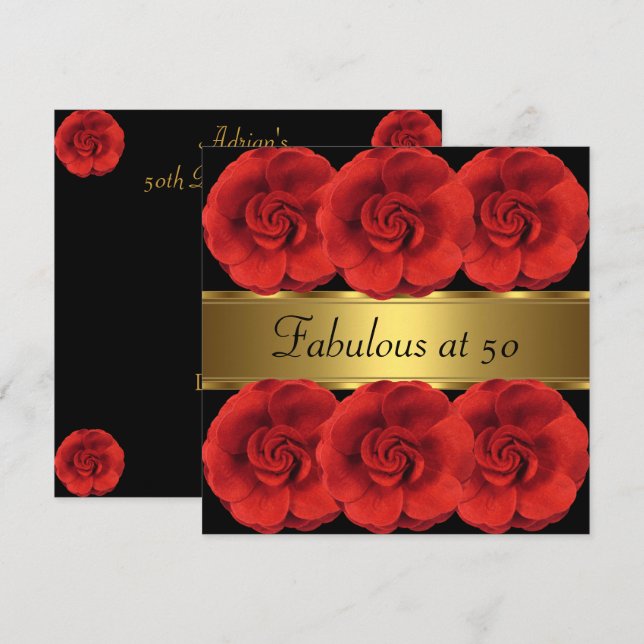 Invite Red Flowers Black Gold Fabulous 50th (Front/Back)