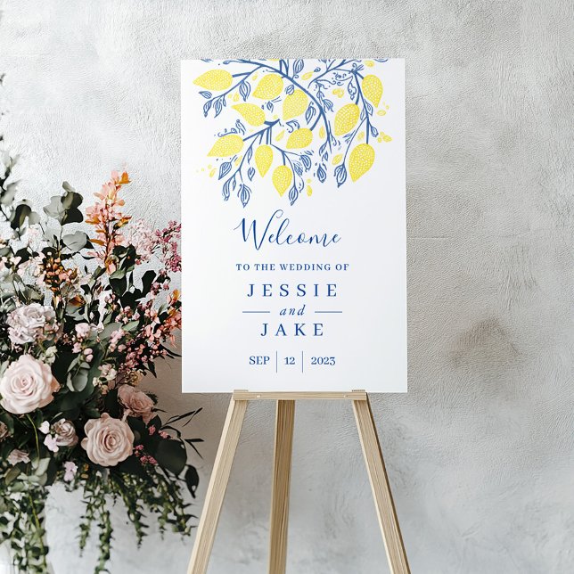 Inviting Lemon Vines Wedding welcome sign (Blue and Yellow Lemon Vines Wedding Welcome Sign)