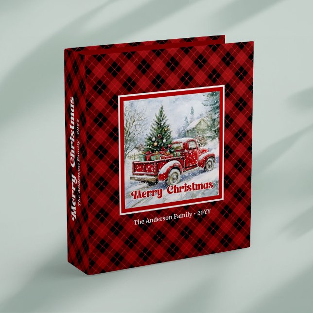 Inviting red truck winter scene rustic buffalo  3 ring binder (Inviting red truck winter scene rustic buffalo plaid album

)