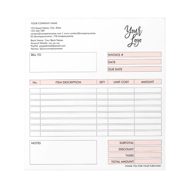 Invoice Form Business Quotation Add Logo Notepad (Front)