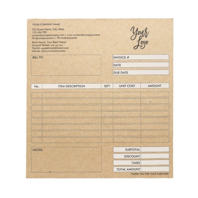 Invoice Form Business Quotation Add Logo Notepad (Front)