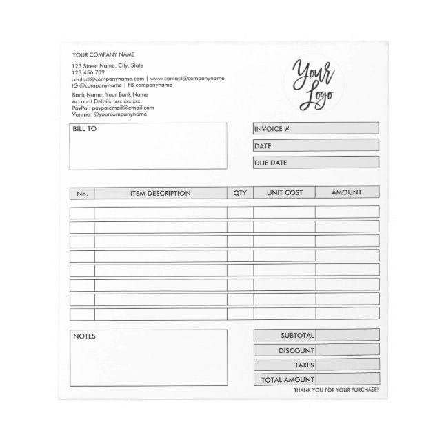Invoice Form Business Quotation Add Logo Notepad (Front)
