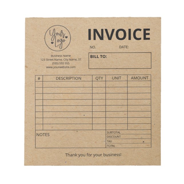 Invoice Order Form Small Business Logo Kraft Notepad (Front)