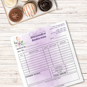 Invoice Pastry Chef Purple Floral Watercolor Notepad
