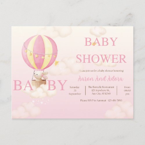 invtation baby shower pink rabbit postcard