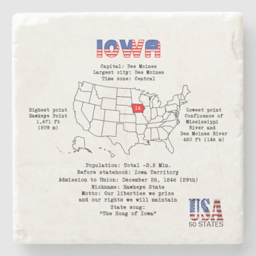 Iowa American state on a map and useful info Stone Coaster