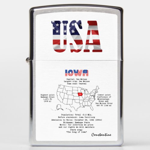 Iowa American state on a map and useful info Zippo Lighter