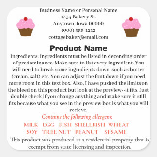 Iowa Cottage Food Law Label for home bakery