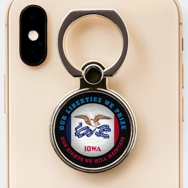 IOWA HAWKEYE STATE FLAG PHONE RING STAND (Close Up)