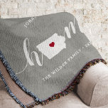 Iowa Home State Personalized Throw Blanket<br><div class="desc">Show some home state pride with this cute rustic gray throw blanket featuring "home" in white calligraphy script lettering with a silhouette map of the state of Iowa standing in for the letter "O." A red heart illustration inside the state map completes the design; you can change the position of...</div>