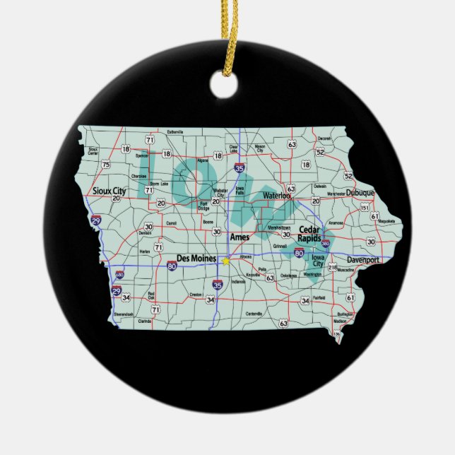 Iowa Interstate Map Ceramic Ornament (Front)