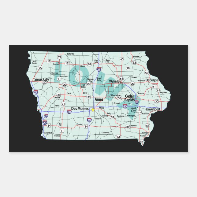 Iowa Interstate Map Rectangular Sticker (Front)