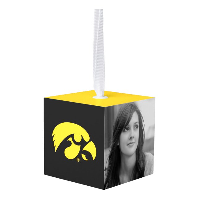 Iowa Logo | Hawkeye Cube Ornament (Back Angled)