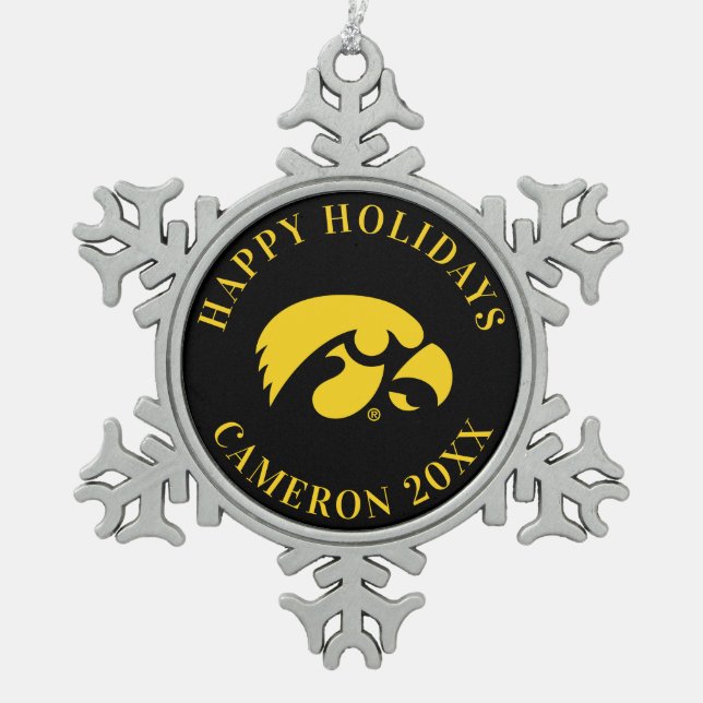 Iowa Logo | Hawkeye Snowflake Pewter Christmas Ornament (Front)