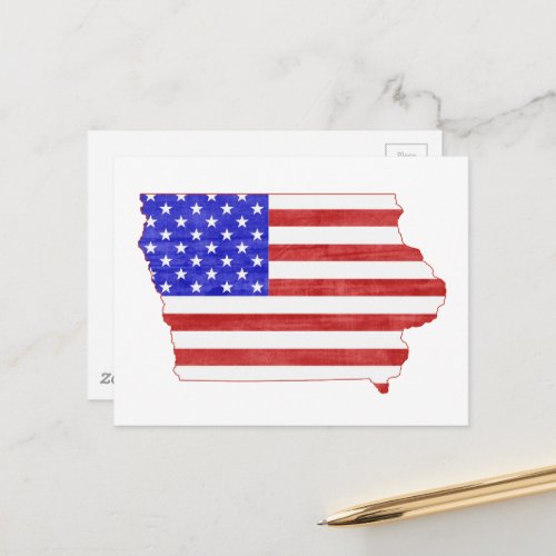 Iowa Map Shaped Patriotic Hawkeye American Flag Postcard