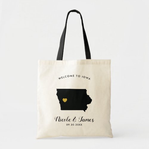 Iowa Map Wedding Welcome Bag Tote Black and Gold