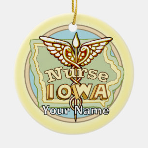 Iowa Nurse Caduceus  Ceramic Ornament