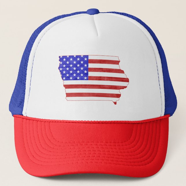 Iowa Patriotic State Shaped American Flag Trucker Hat (Front)