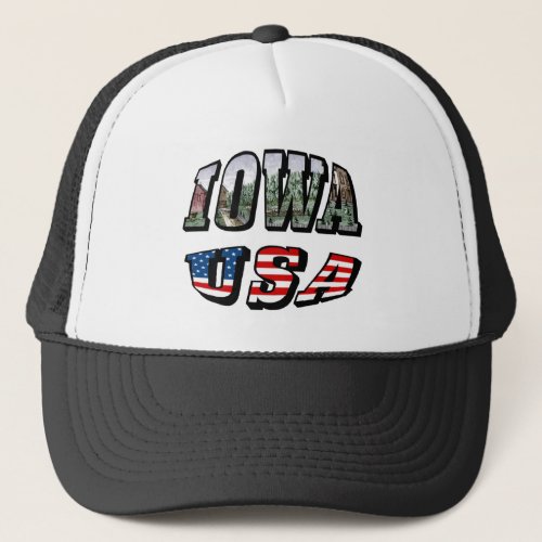Iowa Picture and USA Flag Text Trucker Hat