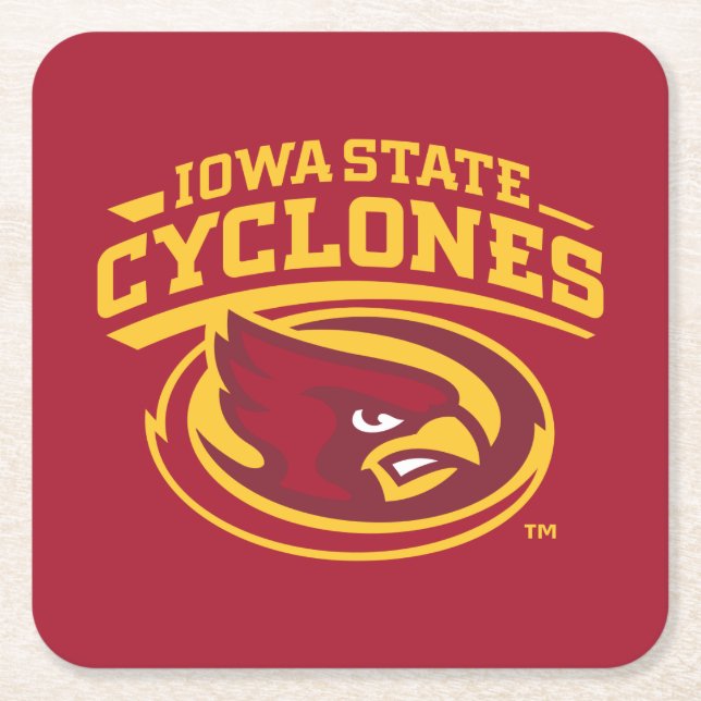 Iowa State Cyclones | Arched Mascot Logo Square Paper Coaster (Front)