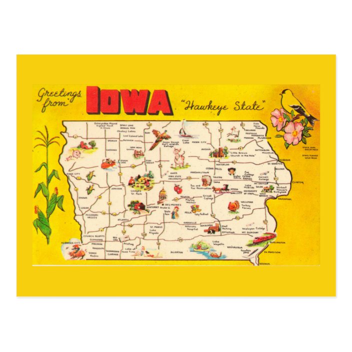 Post cards with IA map and state symbols Made in USA. IOWA STATE MAP postcard set of 20 identical postcards
